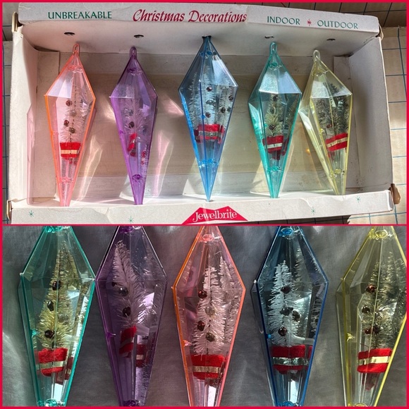 MCM Vintage Jewel Brite Ornaments Reflective Geometric Diorama Trees Pastels x5 - Picture 17 of 17